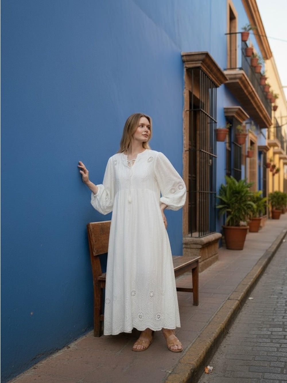 White Eyelet Maxi Dress with Bishop Sleeves